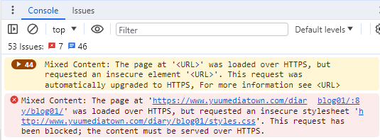 Googleデベロッパーツールでの問題部分の表示_.cssだけMixed Contentという事で読み込まれていない