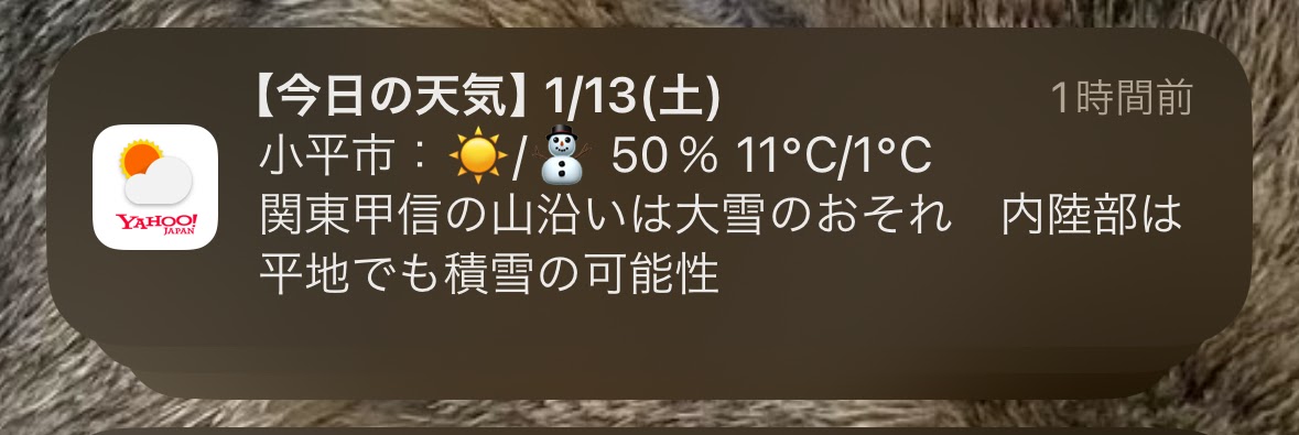 2024年1月13日土曜日 小平市 晴れのち雪 降水確率50％ 最高気温11度、最低気温1度「関東甲信の山沿いは大雪のおそれ 内陸部は平地でも積雪の可能性」