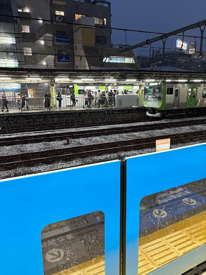 西武新宿線 高田馬場駅から見るJR山手線 高田馬場駅の線路の積雪状況