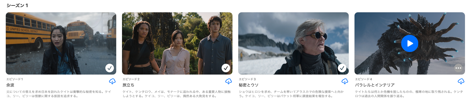 エピソード1「Aftermath（余波）」エピソード2「Departure（旅立ち）」エピソード3「秘密と嘘」 エピソード4「パラレルとインテリア」
