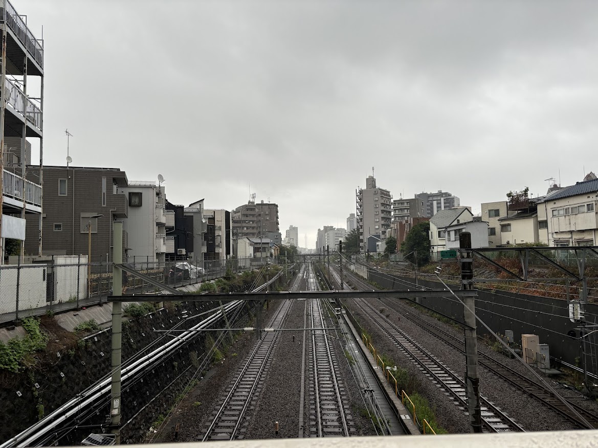 雨の宮仲橋とうっすら見える東京スカイツリー