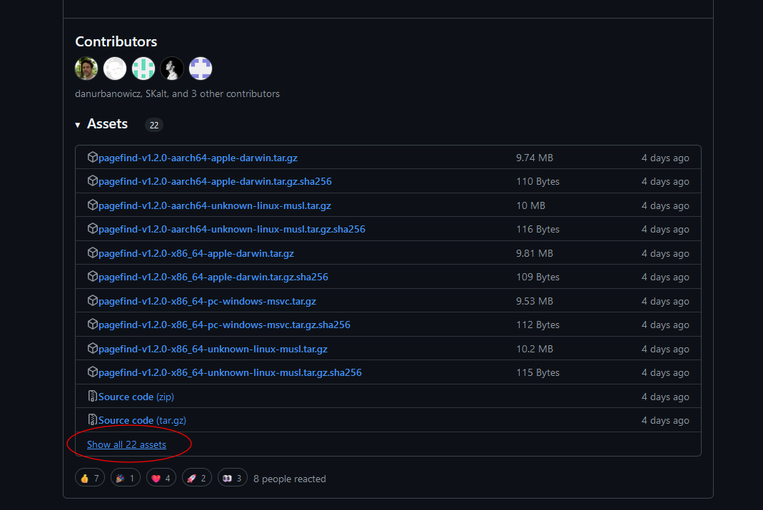 Releases · CloudCannon/pagefindからpagefind_extended-v1.2.0-x86_64-unknown-linux-musl.tar.gzをダウンロード
