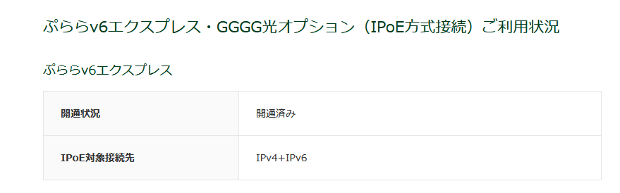 ぷららv6エクスプレス ご利用状況 開通済み IPoE対象接続先 IPv4+IPv6
