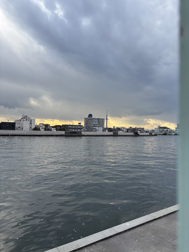 葛飾区 中川の堤防上の遊歩道からスカイツリー