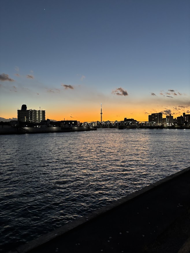 葛飾区 中川の堤防上の遊歩道から夕焼けな眺めのスカイツリー
