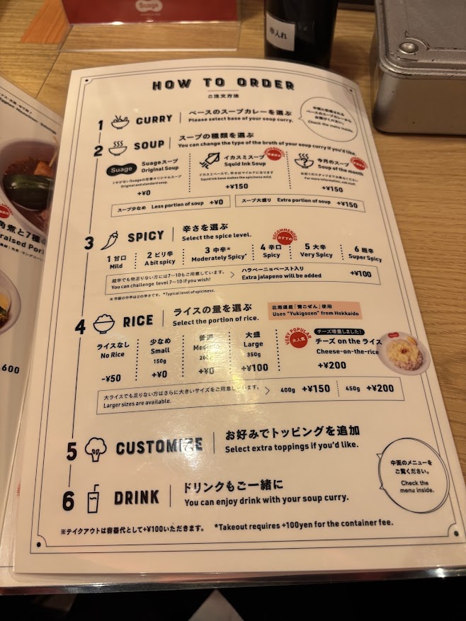 北海道スープカレー Suage(すあげ) 渋谷店 ご注文方法 スープ、辛さ、ご飯の量などを選びます
