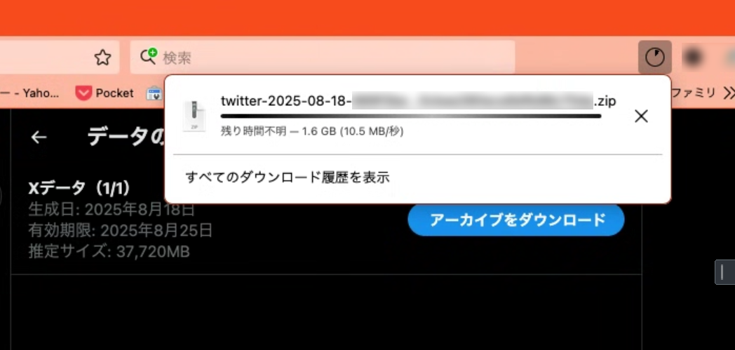 Twitter（X）のアーカイブ 36.8GBをダウンロード