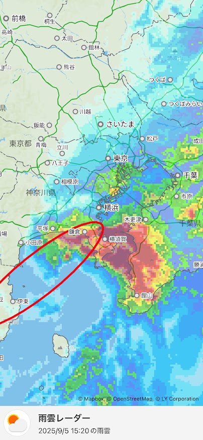 ヤフー天気アプリの雨雲レーダーで線状降水帯?