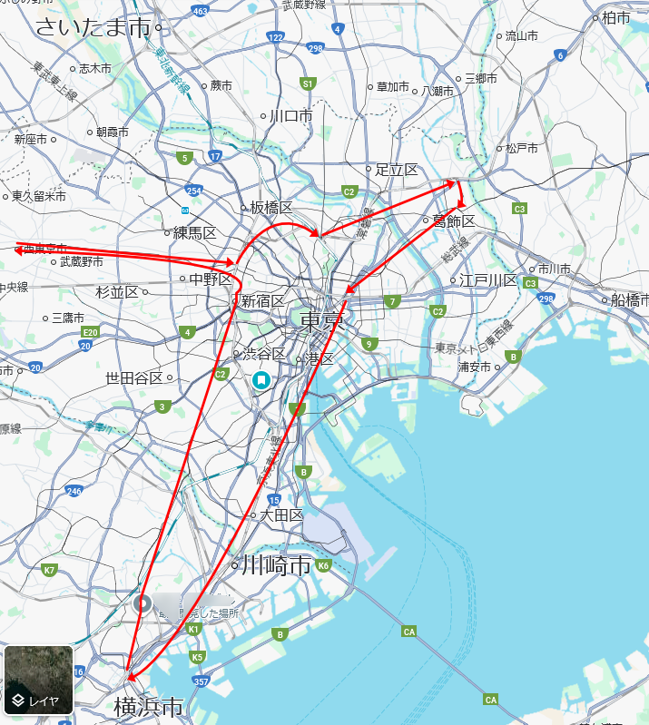 2025年10月29日の移動経路。金町→京成高砂→浅草橋→横浜→妙蓮寺→新宿三丁目→西武新宿