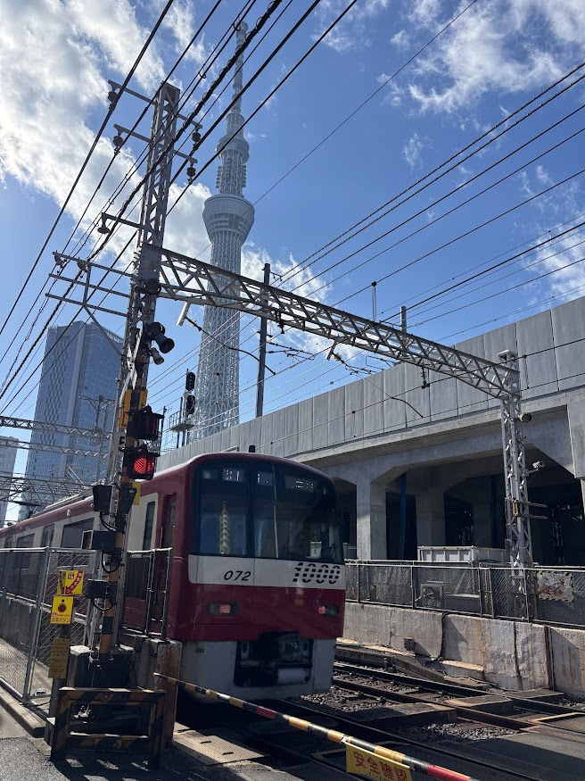 東武伊勢崎線高架と京成押上線の踏切から東京スカイツリー