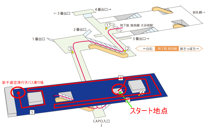 大谷町バスターミナルの新千歳空港行き待ちの行列で混雑具合のルート（大谷地バスターミナル 場内案内図（マップ））