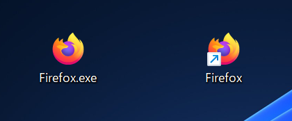 Windows版Firefoxの実行ファイル（Firefox.exe）がなぜかデスクトップに（以前はC:\Program Files\Mozilla Firefox）【左がFirefox.exe、右がショートカット】