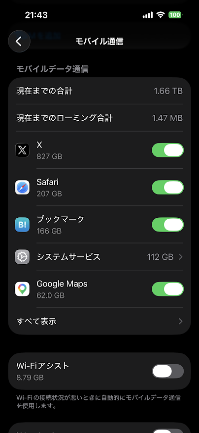 iPhone 15でのアプリごとのモバイル通信量 現在までの合計 1.66TB