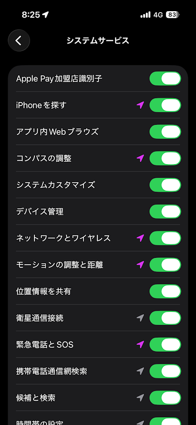 システムサービス内での位置情報使用サービス