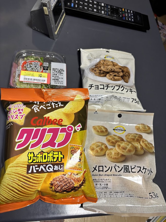長葱・小ネギ・生姜・みょうがの薬味セット、トップバリュのチョコチップクッキーとメロンパン風ビスケット、カルビークリスプ サッポロポテトバーベQあじ
