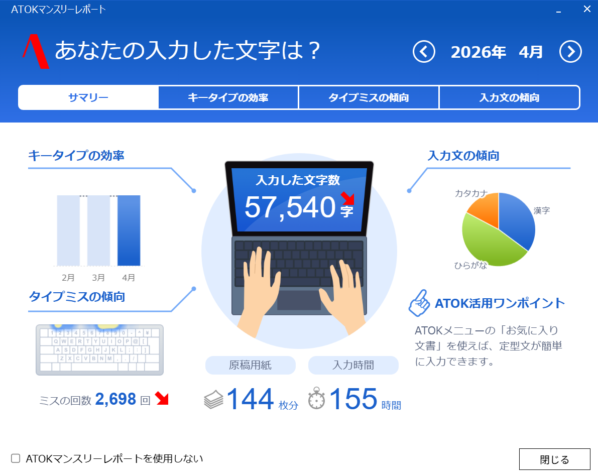 ATOKマンスリーレポート2026年4月 入力した文字数は57540字