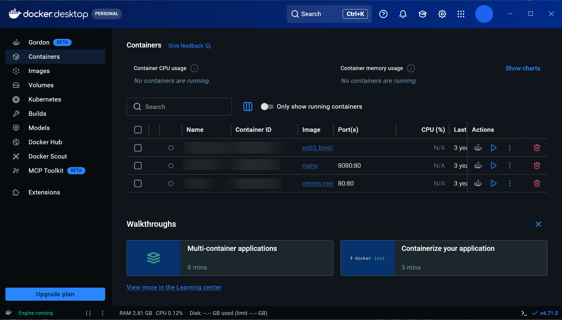 Docker Desktop v4.71.0の画面（インターフェイス）
