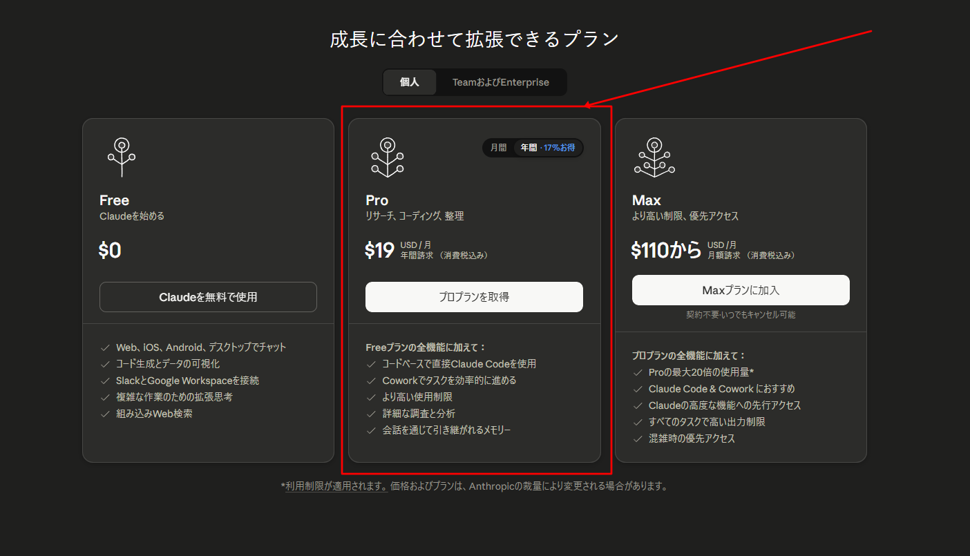 Claude Desktopアプリ(Windows版)画面 Claude Codeからプラン選択画面でProを選択