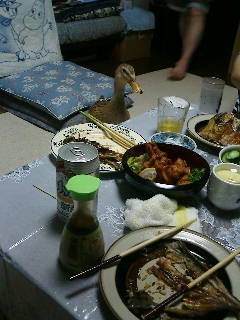 夕飯は実家に帰ってきて食ってました。ちょっと加工すればそのまま食卓にあがりそうな鶏肉が人間食っている物を見ていました。