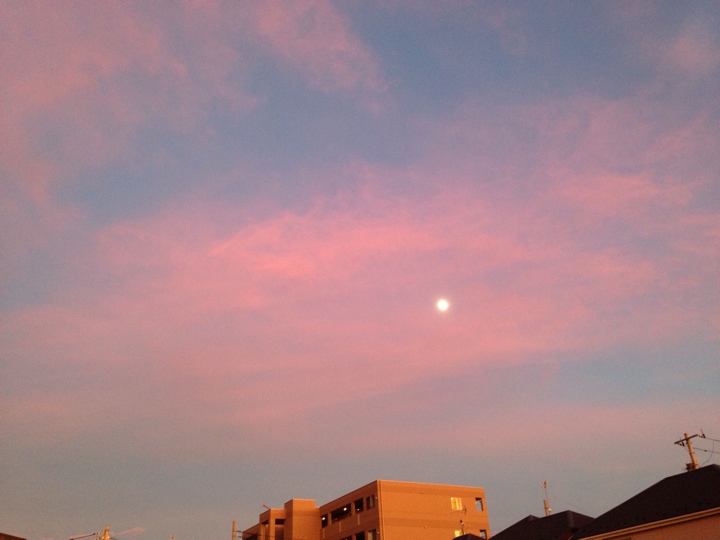 赤く染まる空と青白く光る月