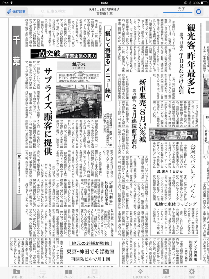 9月5日日経新聞朝刊千葉版の銚子丸記事