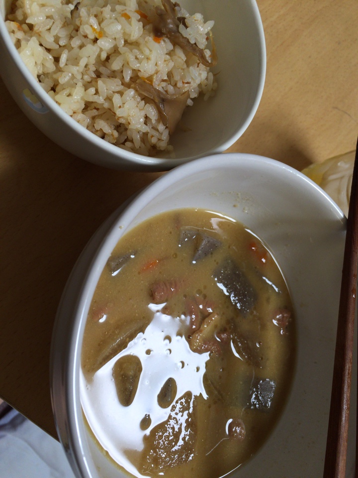 イチビキ鮭とキノコ釜飯の素で作ったご飯ともつ煮