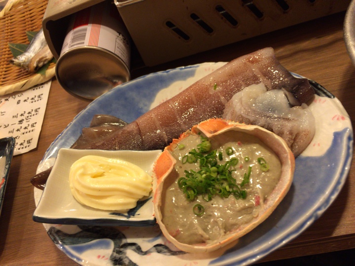 イカの浜焼き、蟹味噌甲羅焼き