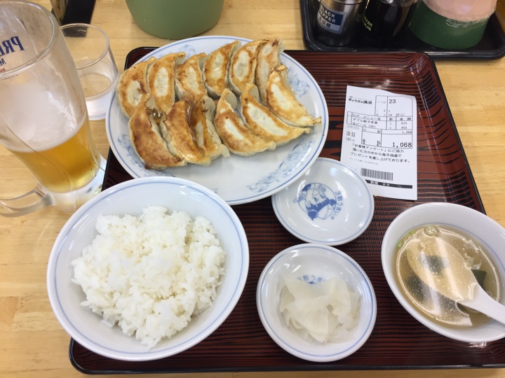 ぎょうざの満洲 花小金井北口店でダブル餃子定食、生ビール（中）
