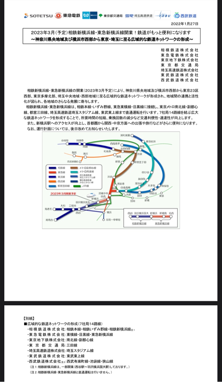 ２０２３年３月（予定）相鉄新横浜線・東急新横浜線開業！鉄道がもっと便利になります<br />
～神奈川県央地域及び横浜市西部から東京・埼玉に至る広域的な鉄道ネットワークの形成～