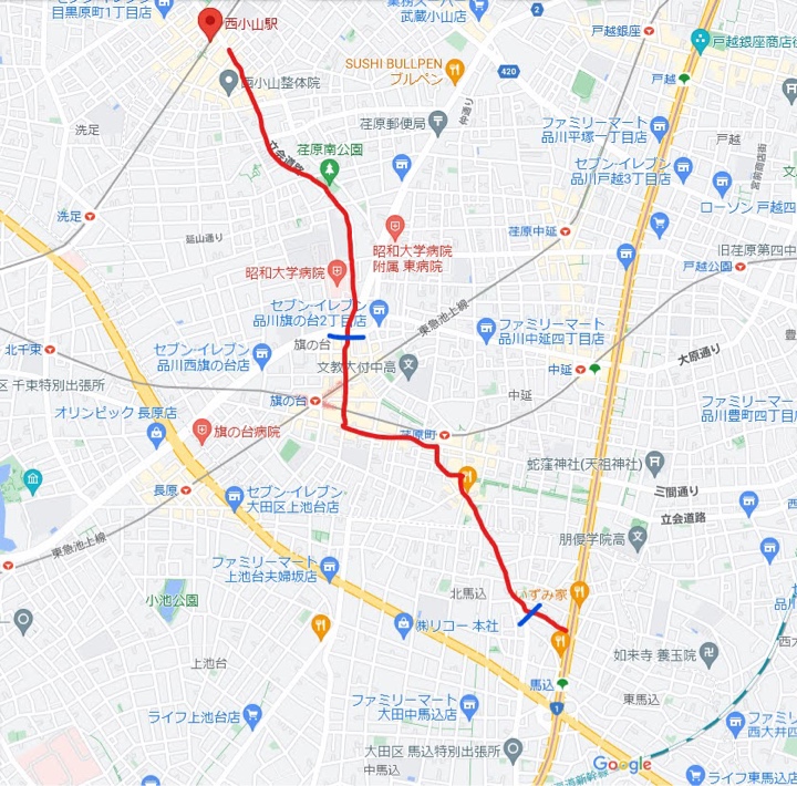 西小山駅近くから立会道路を経由して旗の台・荏原町を経て浅草線 馬込駅方面まで徒歩