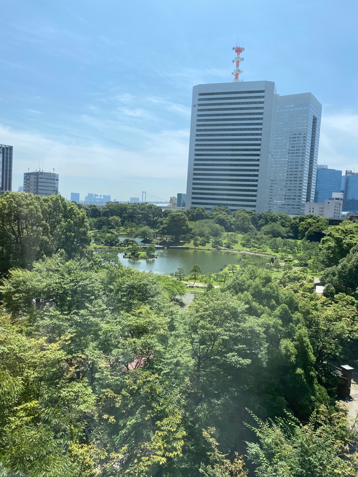 ポートデッキ(浜松町駅近くと東京ポートシティを繋ぐ空中通路)から見た旧芝離宮恩賜庭園