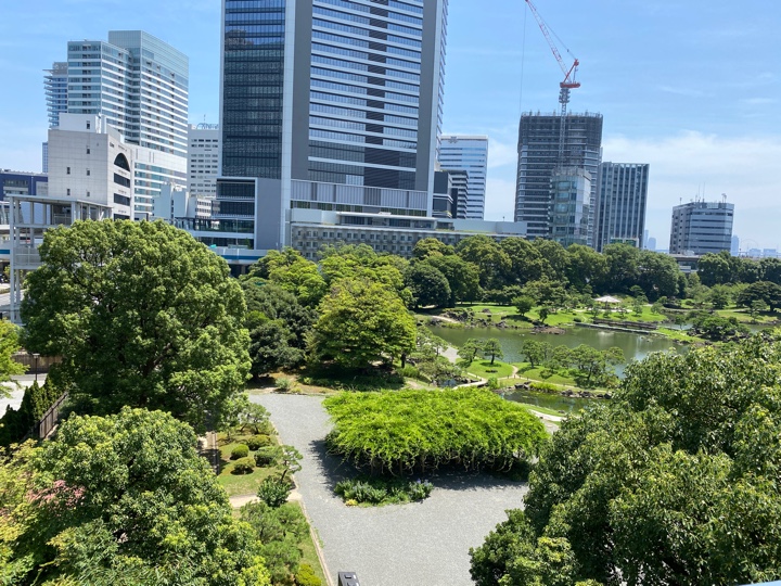 ポートデッキ(浜松町駅近くと東京ポートシティを繋ぐ空中通路)から見た旧芝離宮恩賜庭園