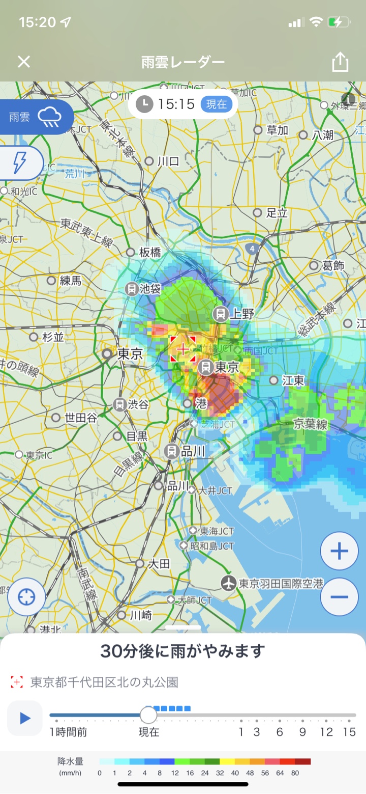 2022年8月4日 雨雲レーダー 都心で大雨