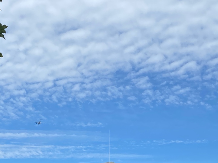 運動会日和の良い天気で運動会の空（飛行機入り）