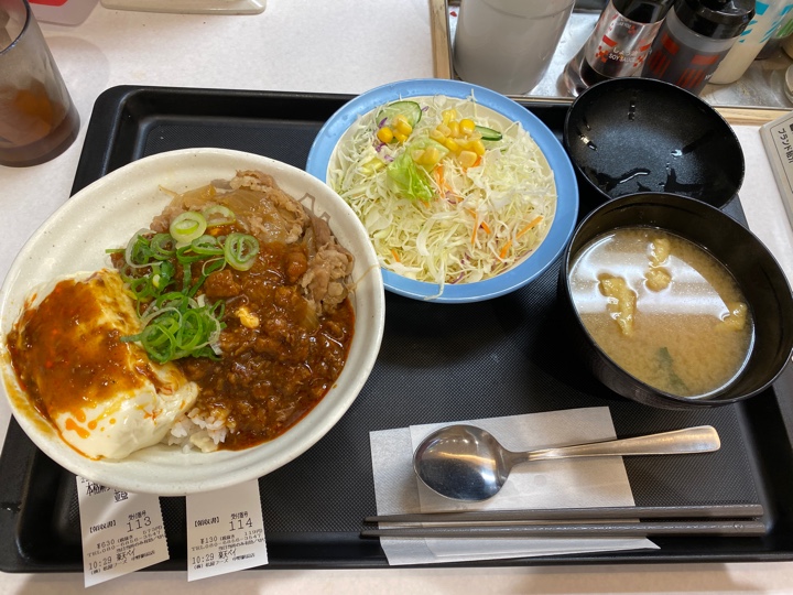 富士山豆腐の本格麻婆コンボ牛めしと生野菜サラダ