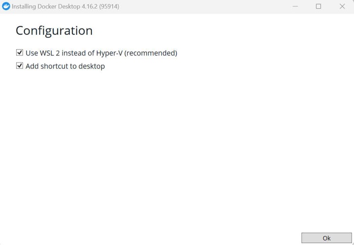 installing Docker Desktop 4.16.2(Use WSL2 instead of Hyper-V(recommended)、Add shortcut to desktop)