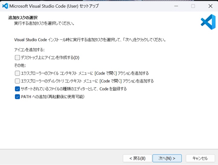 Microsoft Visual Studio Code (User) セットアップ画面