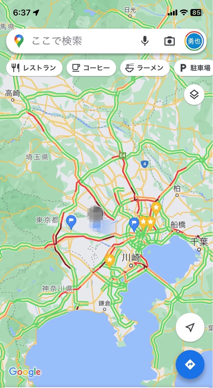 2023年5月3日 06時37分のGoogle Mapによる東京の高速道路の渋滞